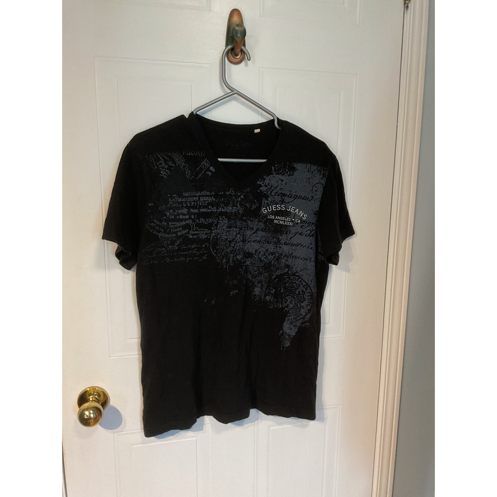 Guess Jeans Graphic T-Shirt Mens M Black Excellent V-Neck Short Sleeve Tee